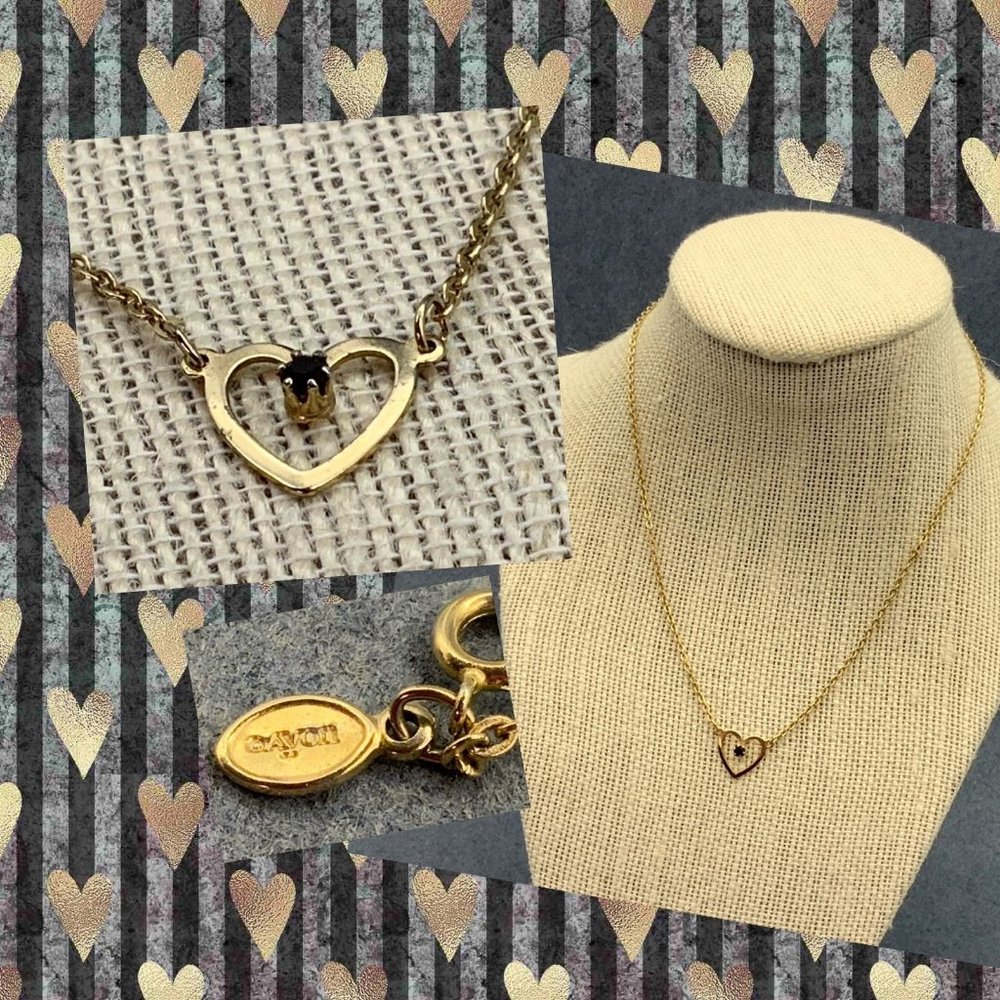 Avon Open Heart Necklace Gold Black Rhinestone Kink As Is